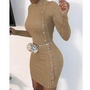 3/$16🎁>  Ribbed Knit Mock Neck Fitted Dress M side button detail